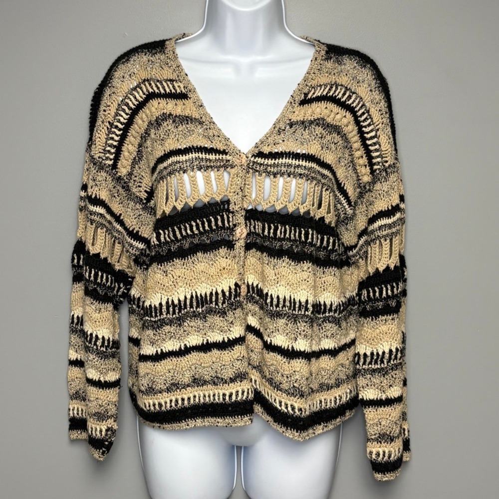 Sigrid Olson Black Tan Hand Crocheted Granny Cottage Neutral Sweater Womens Sz S